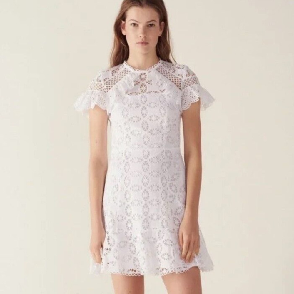 Sandro Corentin Cotton Lace Mini Dress in White, Size 36